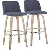 Toriano 30" Swivel Bar Stool in White Washed Wood & Blue Fabric with Chrome Footrest (Set of 2)